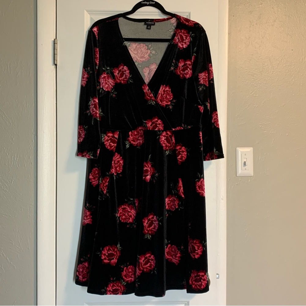 Torrid Black/Pink Floral Velvet Dress